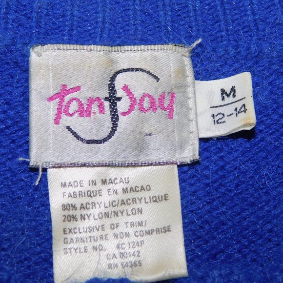 VTG 80s TanJay Womens M Blue White Gold Scalloped Neck Sweater Goldberg style - Picture 4 of 9